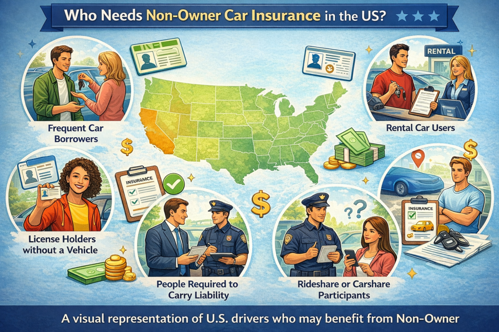 Illustration showing different types of drivers who need non-owner car insurance in the US