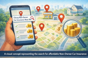 Illustration representing search for cheap non-owner car insurance near me with local comparison concept