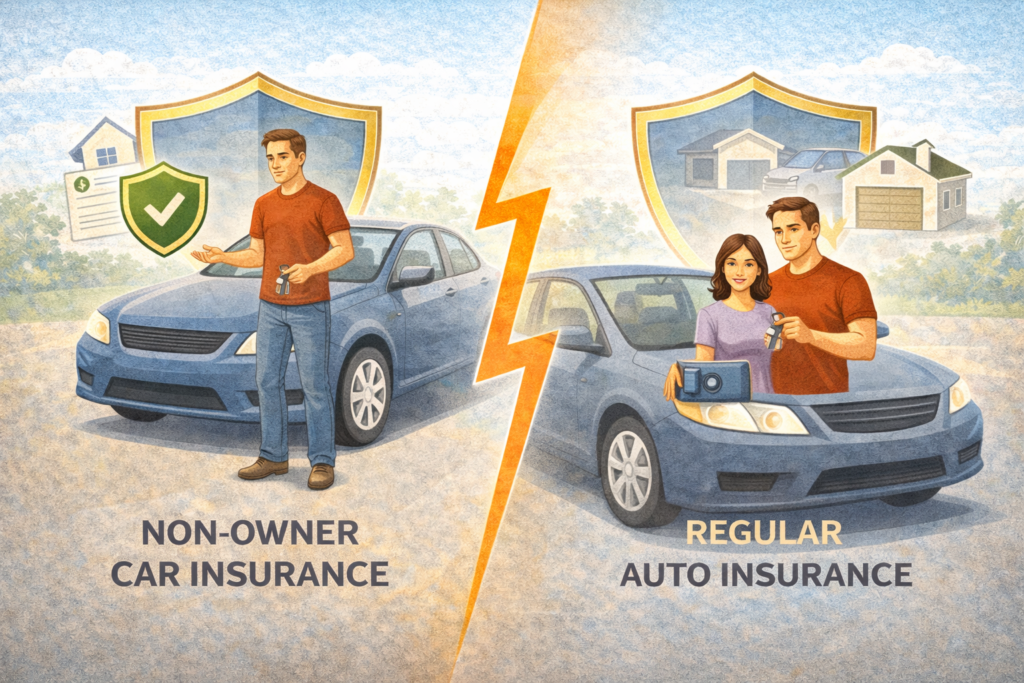 Comparison illustration of non-owner car insurance vs regular auto insurance coverage concepts