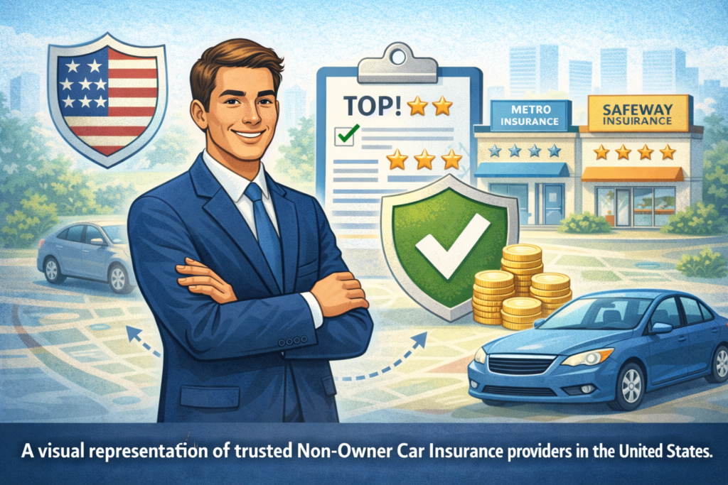 Illustration representing best non-owner car insurance companies in the US with trust and reliability themes