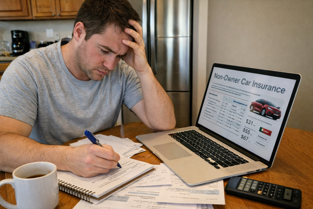 A person reviewing bills and calculating expenses at a kitchen table while researching car insurance.