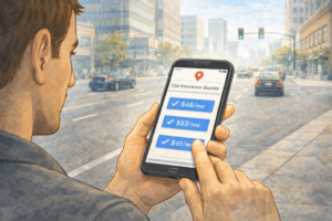 A driver using a smartphone to compare car insurance quotes while standing near a city street.