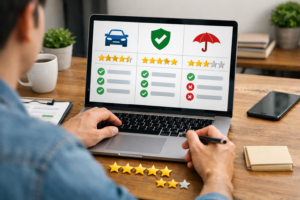 A person comparing insurance providers on a laptop with rating icons visible on the screen.
