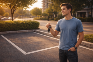 A person holding car keys while standing next to an empty parking space.