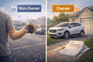 Side-by-side comparison concept showing a person holding car keys without owning a vehicle on one side and a parked personal car with insurance paperwork on the other
