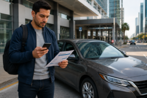 Driver without a personal vehicle reviewing non-owner car insurance coverage while preparing to use a rental or borrowed vehicle.