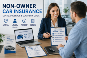 Professional insurance agent explaining non-owner car insurance coverage to a driver without a personal vehicle in a modern office. The scene includes liability protection charts, rental car illustrations, insurance documents, financial planning materials, coverage comparison graphics, and eligibility information for non-owner auto insurance policies in 2026.